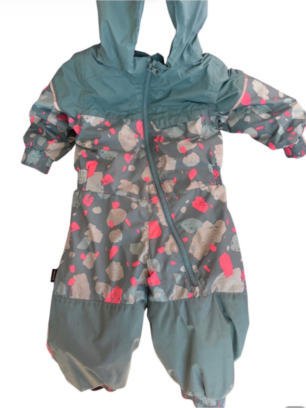 Kids Waterproof Hooded One-Piece Snowsuit - Teal with Pink Accents